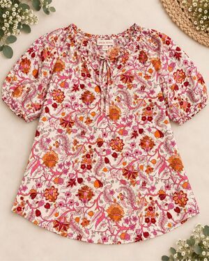 Knox Rose Women’s Medium Floral Puff Sleeve Peasant Blouse Boho Pink Orange
